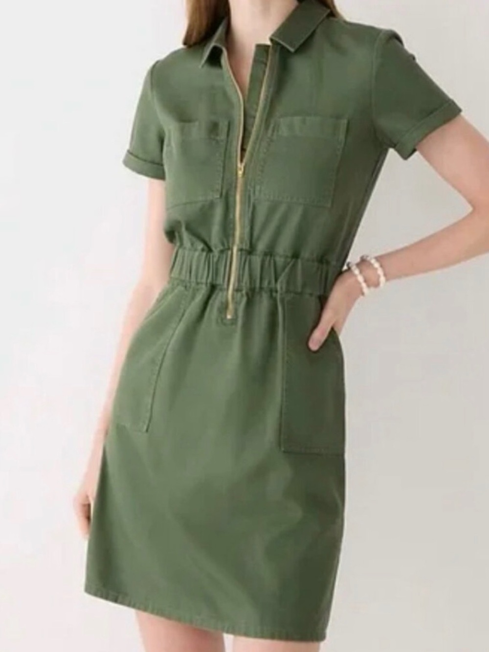 J. Crew Olive Green Short Chino Utility Sleeve Zip-Front Dress